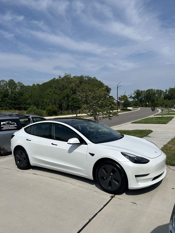 White Tesla Model 3 on a driveway after a detail